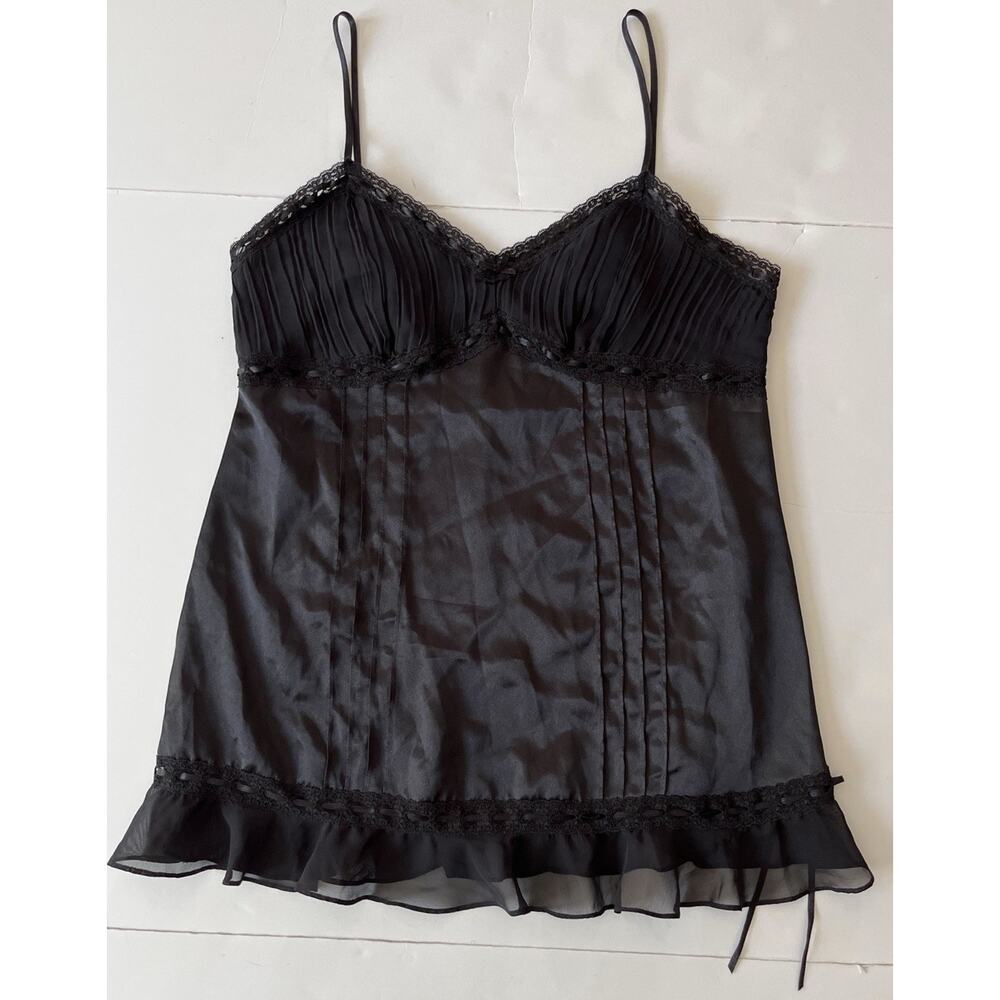 Valerie Stevens Slip Intimate Dress L Black Satin Babydoll VTG 90’s Lace